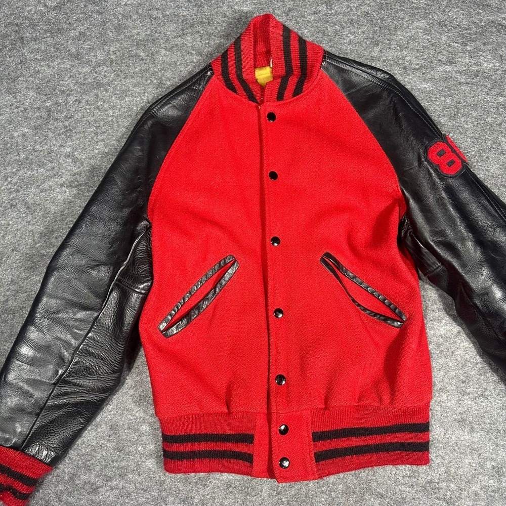 Rare Vintage 80s Kaye Bros Varsity Jacket Red Wool Leather Mens 36 Sikeston - Picture 10 of 16